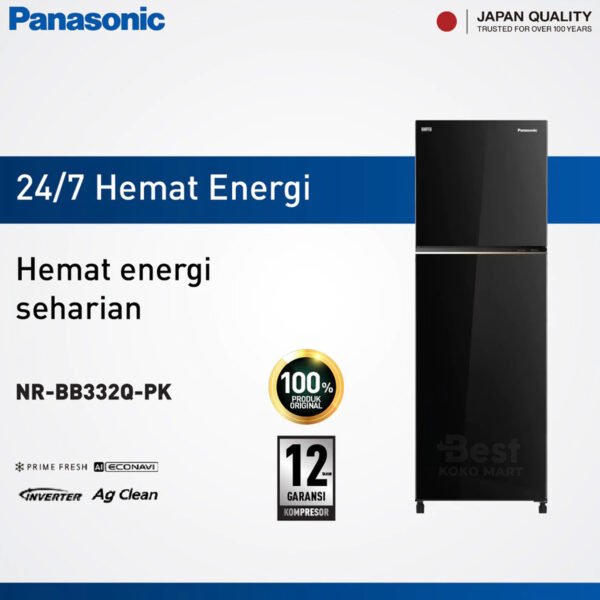 panasonic nr bb332q pk kulkas 2 pintu inverter + prime fresh black garansi resmi original
