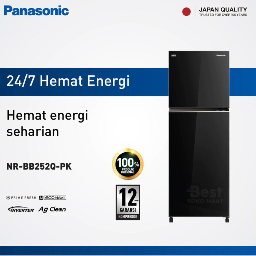panasonic nr bb252q pk kulkas 2 pintu inverter + prime fresh black garansi resmi original