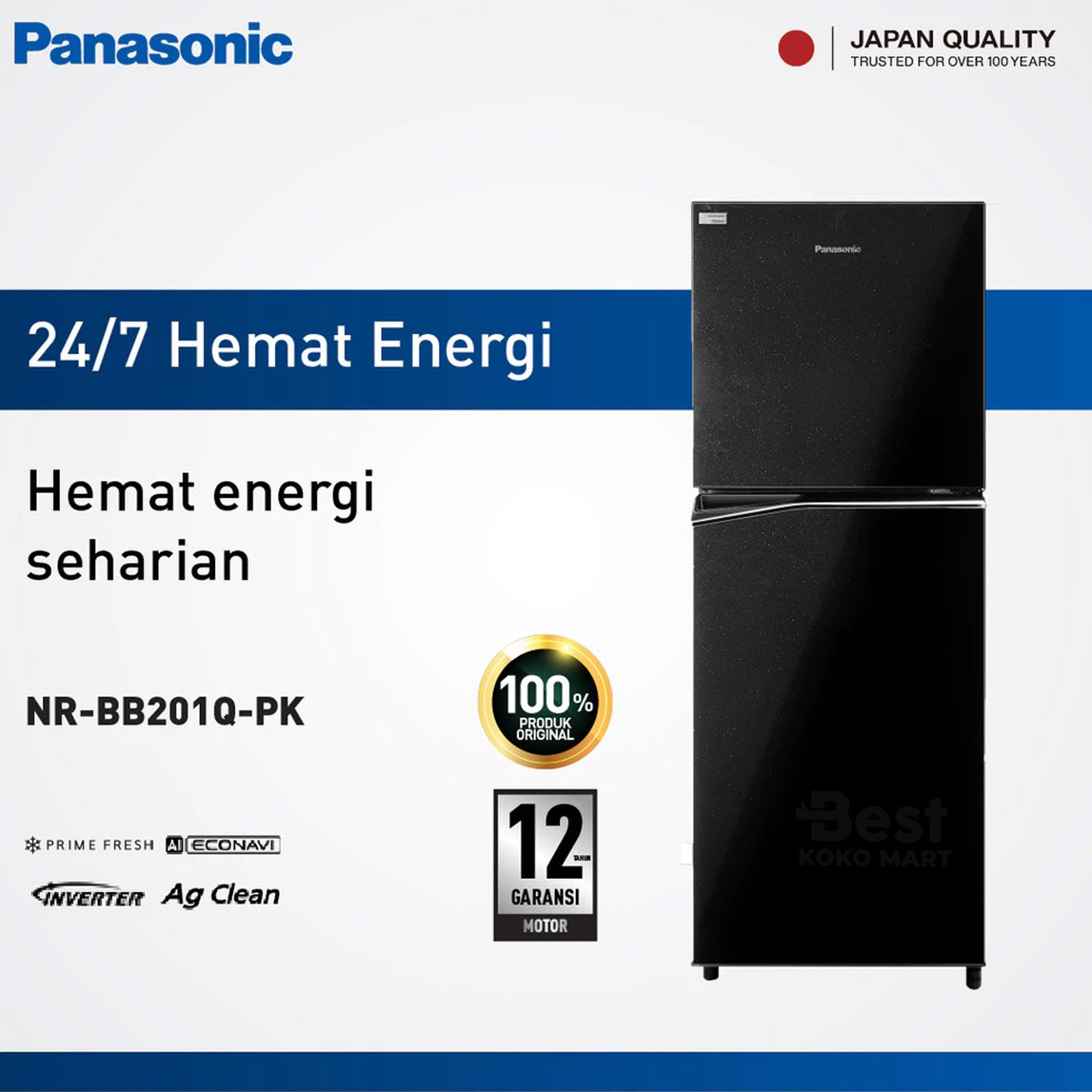 panasonic nr bb201q pk kulkas 2 pintu inverter + prime fresh black garansi resmi original