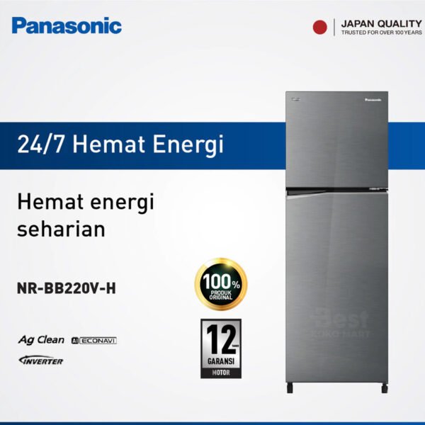panasonic nr bb220v h kulkas 2 pintu top freezer + inverter grey garansi resmi original