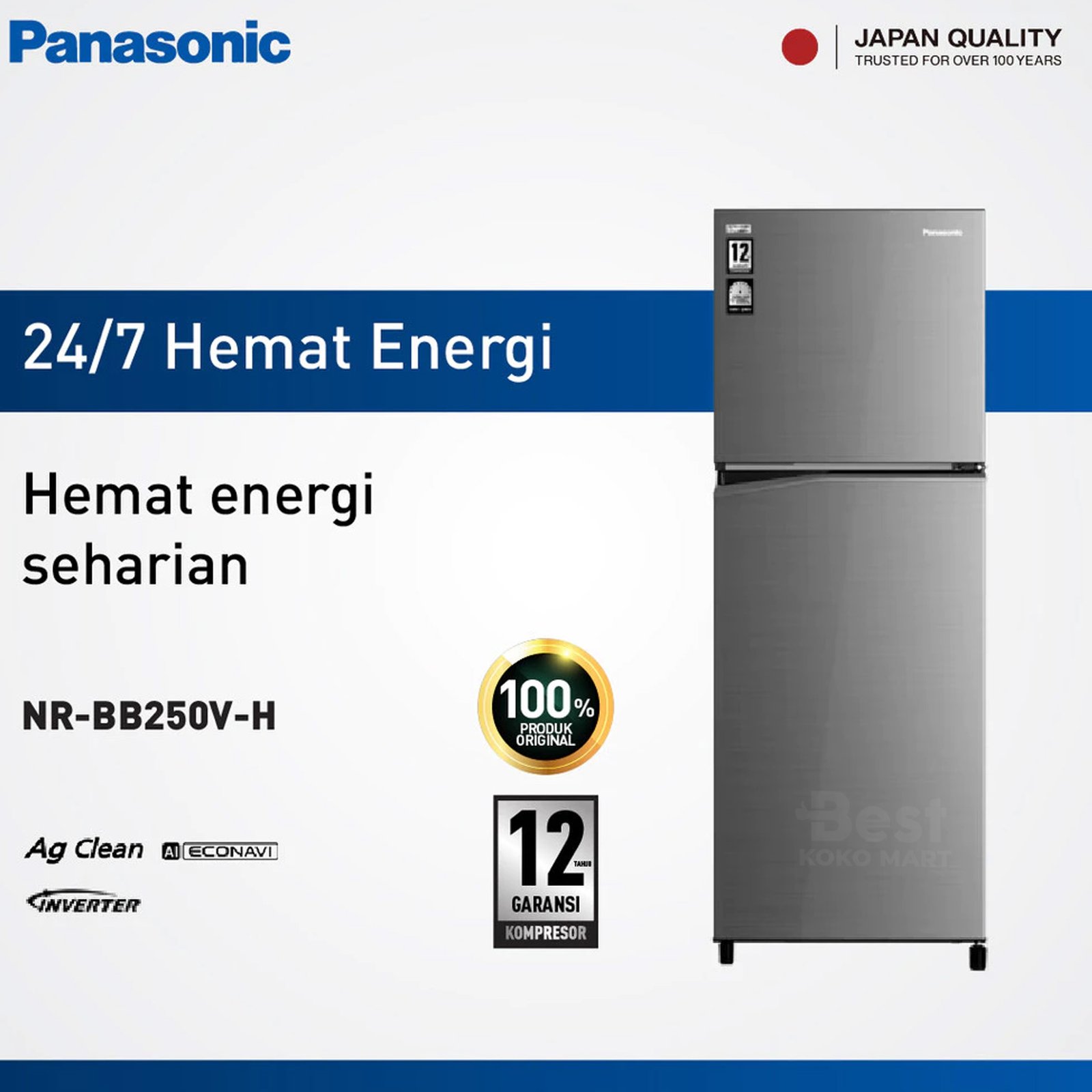 panasonic nr bb250v h kulkas 2 pintu top freezer + inverter grey garansi resmi original