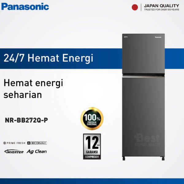 panasonic nr bb272q p kulkas 2 pintu inverter + prime fresh grey garansi resmi original