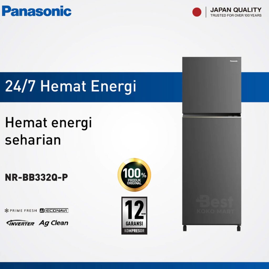panasonic nr bb332q p kulkas 2 pintu inverter + prime fresh grey garansi resmi original