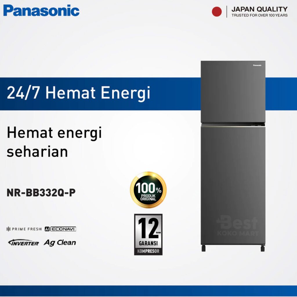 panasonic nr bb270v h kulkas 2 pintu top freezer + inverter grey garansi resmi original