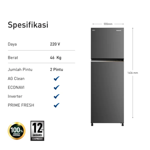 panasonic nr bb272q p kulkas 2 pintu inverter + prime fresh grey garansi resmi original