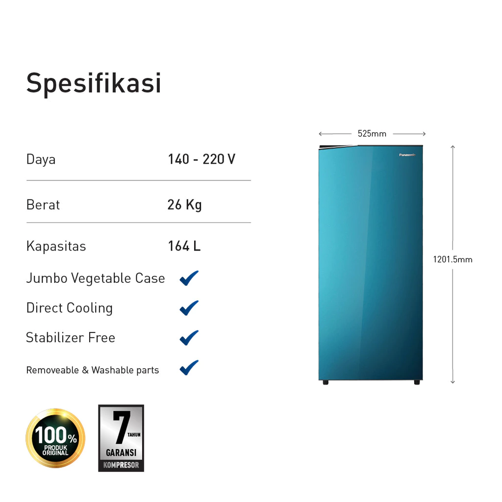 panasonic nr af191s a kulkas 1 pintu [164 l] blue garansi resmi original