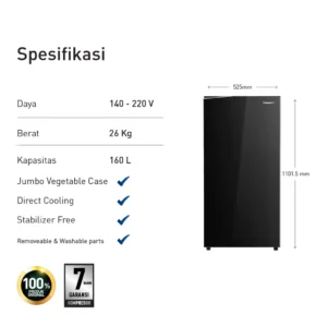 panasonic nr af171s pk kulkas 1 pintu [155 l] sparkling black garansi resmi original