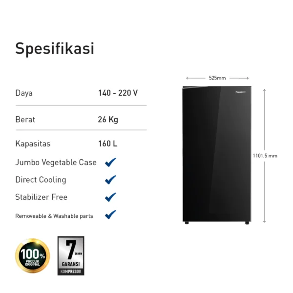 panasonic nr af171s pk kulkas 1 pintu [155 l] sparkling black garansi resmi original