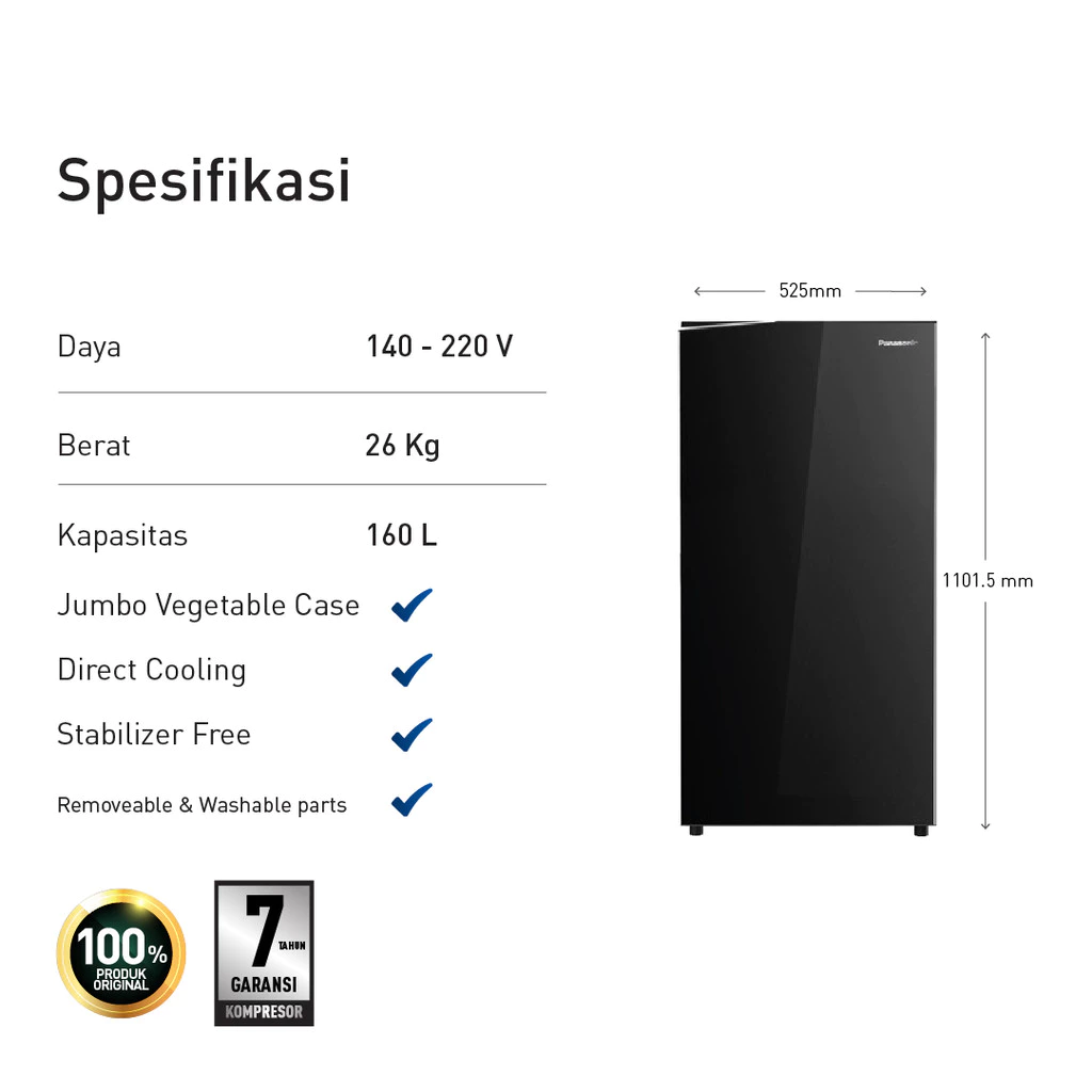 panasonic nr af171s pk kulkas 1 pintu [155 l] sparkling black garansi resmi original