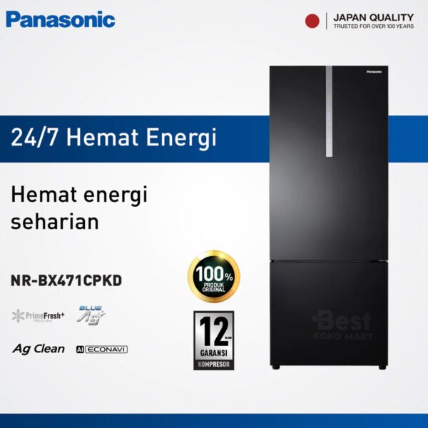 panasonic nr bx471cpkd kulkas 2 pintu inverter + prime fresh black garansi original resmi