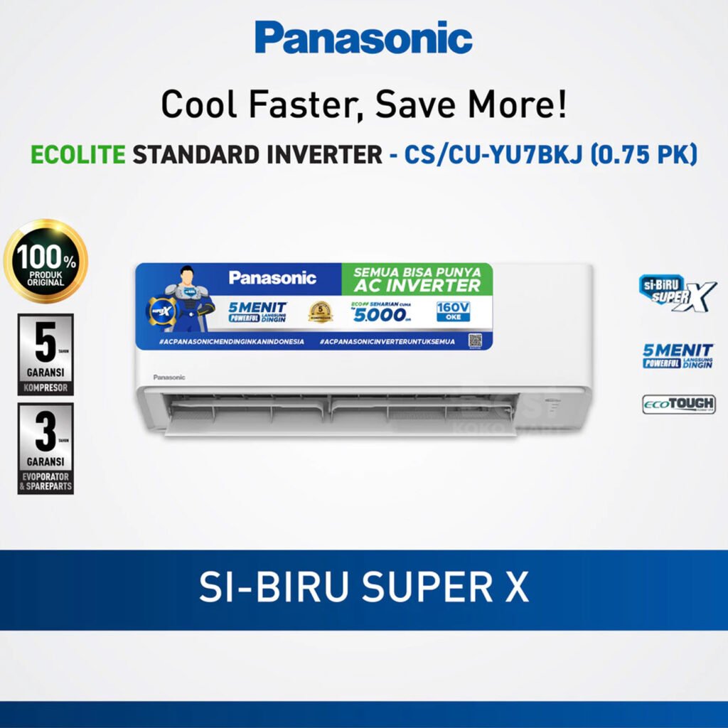 panasonic cs yu7bkj ac split inverter 3/4 pk | ecolite hemat listrik & anti karat putih garansi resmi original
