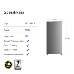 panasonic nr af171s h kulkas 1 pintu [155 l] grey garansi resmi original