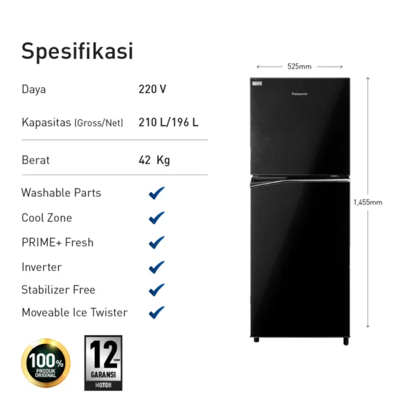panasonic nr bb211q pk kulkas 2 pintu inverter + prime fresh black garansi resmi original