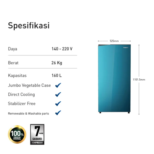 panasonic nr af171s a kulkas 1 pintu [155 l] blue garansi resmi original