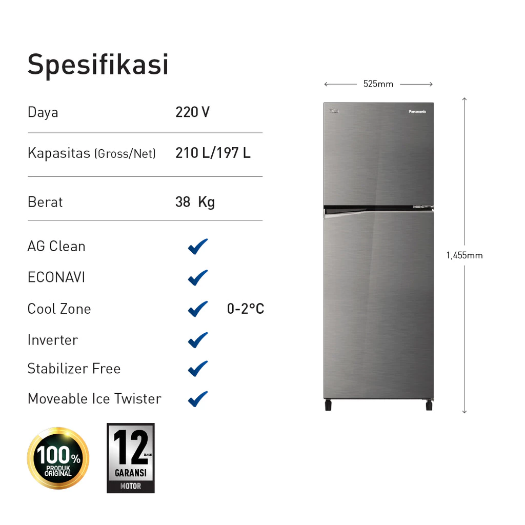 panasonic nr bb210v h kulkas 2 pintu inverter glory grey garansi resmi original