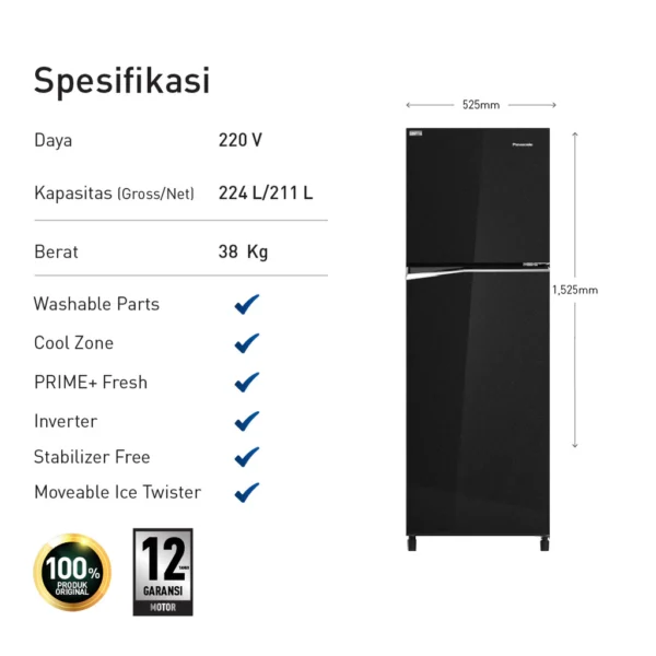 panasonic nr bb221q pk kulkas 2 pintu inverter + prime fresh black garansi resmi original