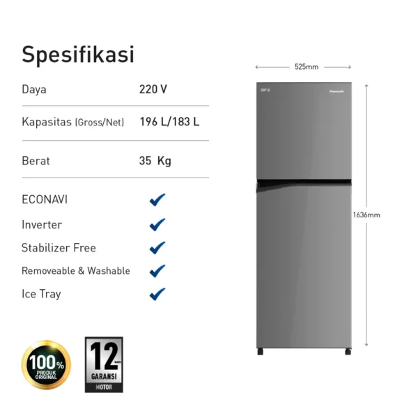 panasonic nr bn200v h kulkas 2 pintu eco inverter grey garansi resmi original