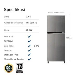 panasonic nr bb200v h kulkas 2 pintu inverter glory grey garansi resmi original