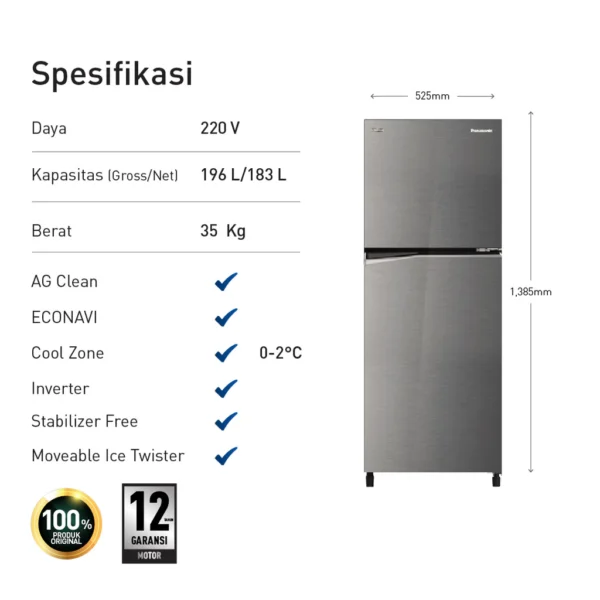 panasonic nr bb200v h kulkas 2 pintu inverter glory grey garansi resmi original