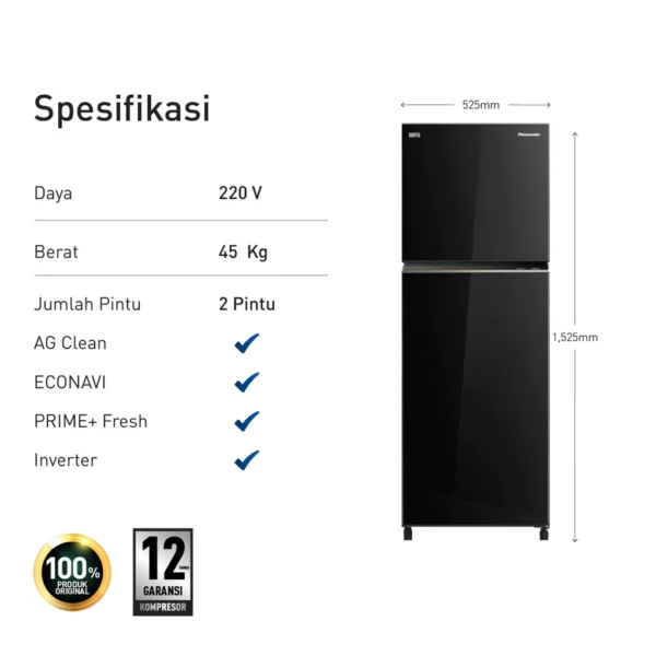 panasonic nr bb252q pk kulkas 2 pintu inverter + prime fresh black garansi resmi original