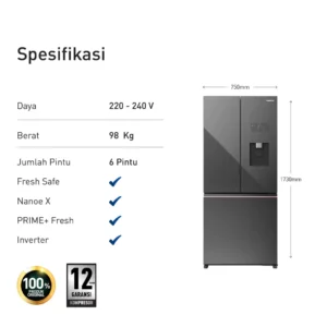 panasonic nr cw530xmms multidoor prime freeze + nanoe x dark mirror garansi resmi original