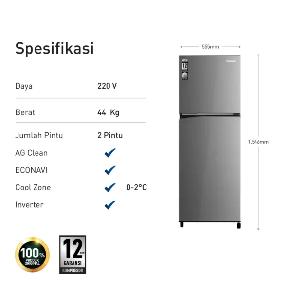 panasonic nr bb250v h kulkas 2 pintu top freezer + inverter grey garansi resmi original
