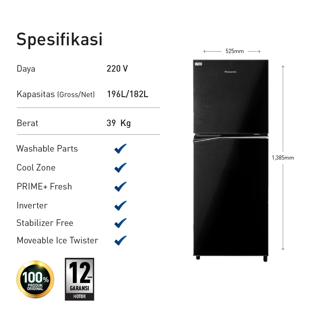 panasonic nr bb201q pk kulkas 2 pintu inverter + prime fresh black garansi resmi original