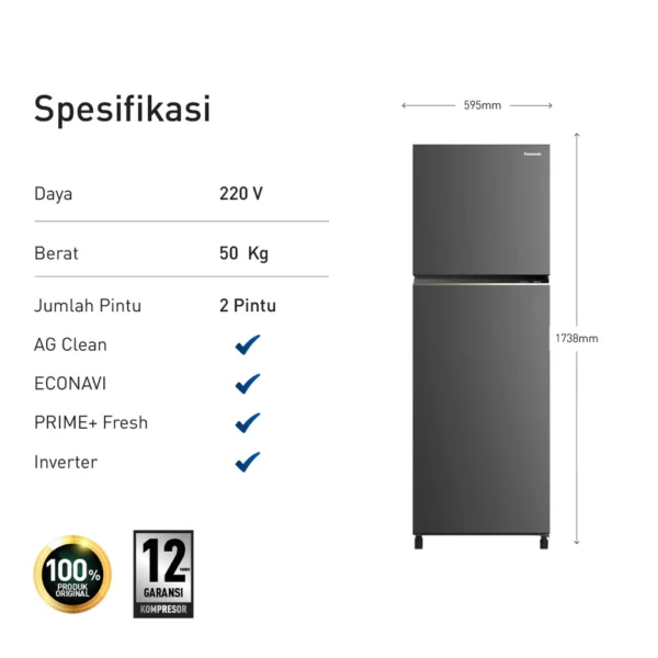 panasonic nr bb332q p kulkas 2 pintu inverter + prime fresh grey garansi resmi original