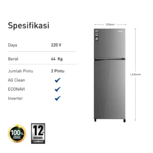 panasonic nr bb270v h kulkas 2 pintu top freezer + inverter grey garansi resmi original