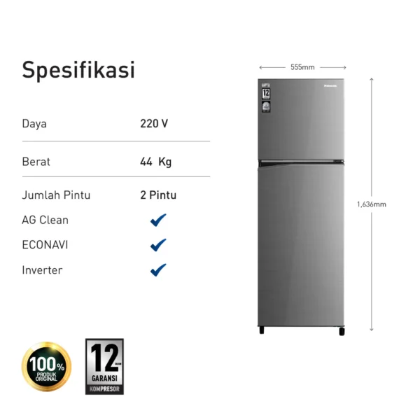panasonic nr bb270v h kulkas 2 pintu top freezer + inverter grey garansi resmi original