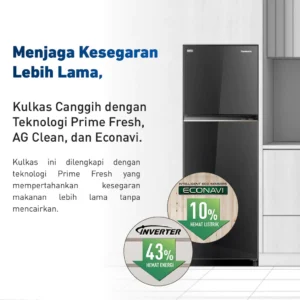 panasonic nr bb252q pk kulkas 2 pintu inverter + prime fresh black garansi resmi original