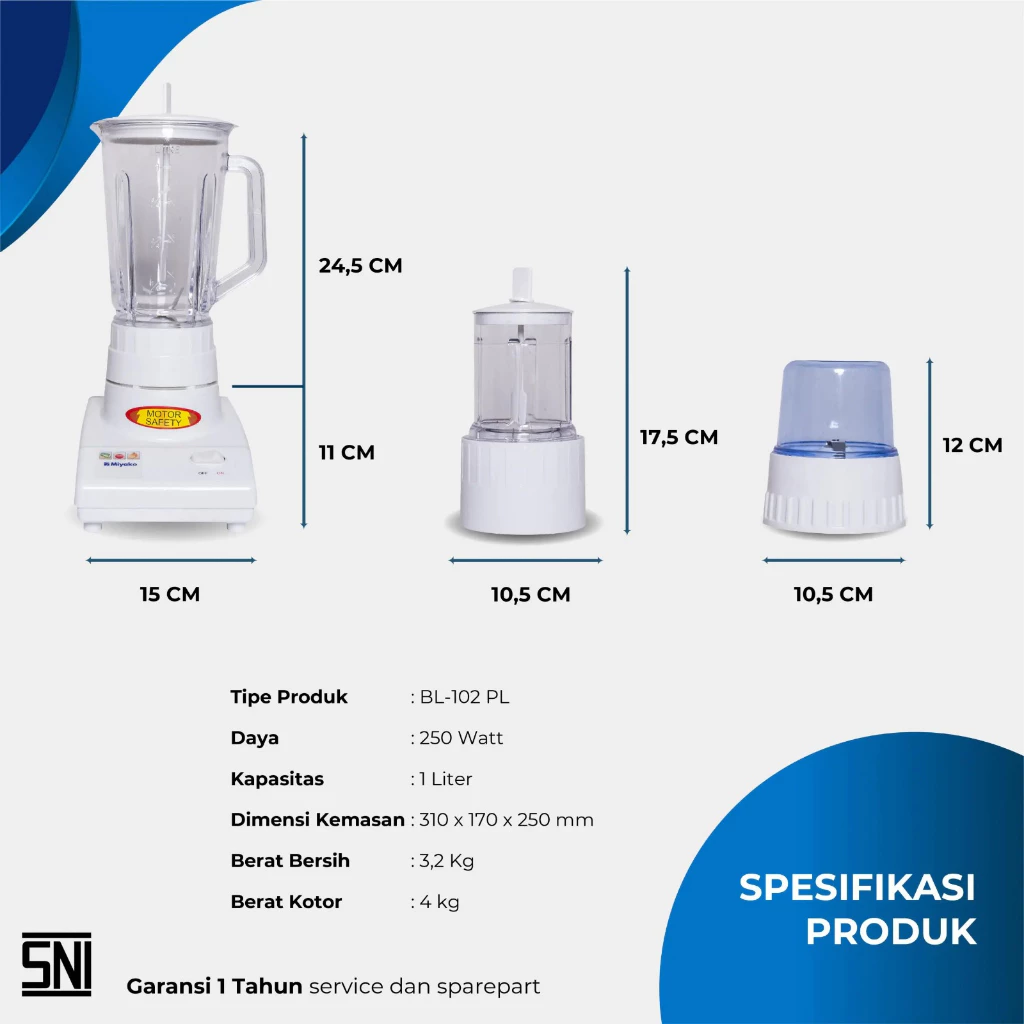 blender miyako bl102pl plastik 3 in 1 dry mill & wetmill putih 1 liter garansi resmi original