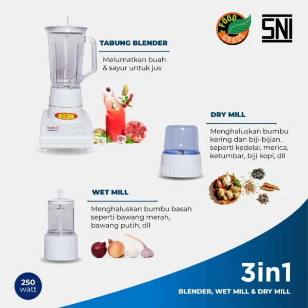 blender miyako bl102pl plastik 3 in 1 dry mill & wetmill putih 1 liter garansi resmi original