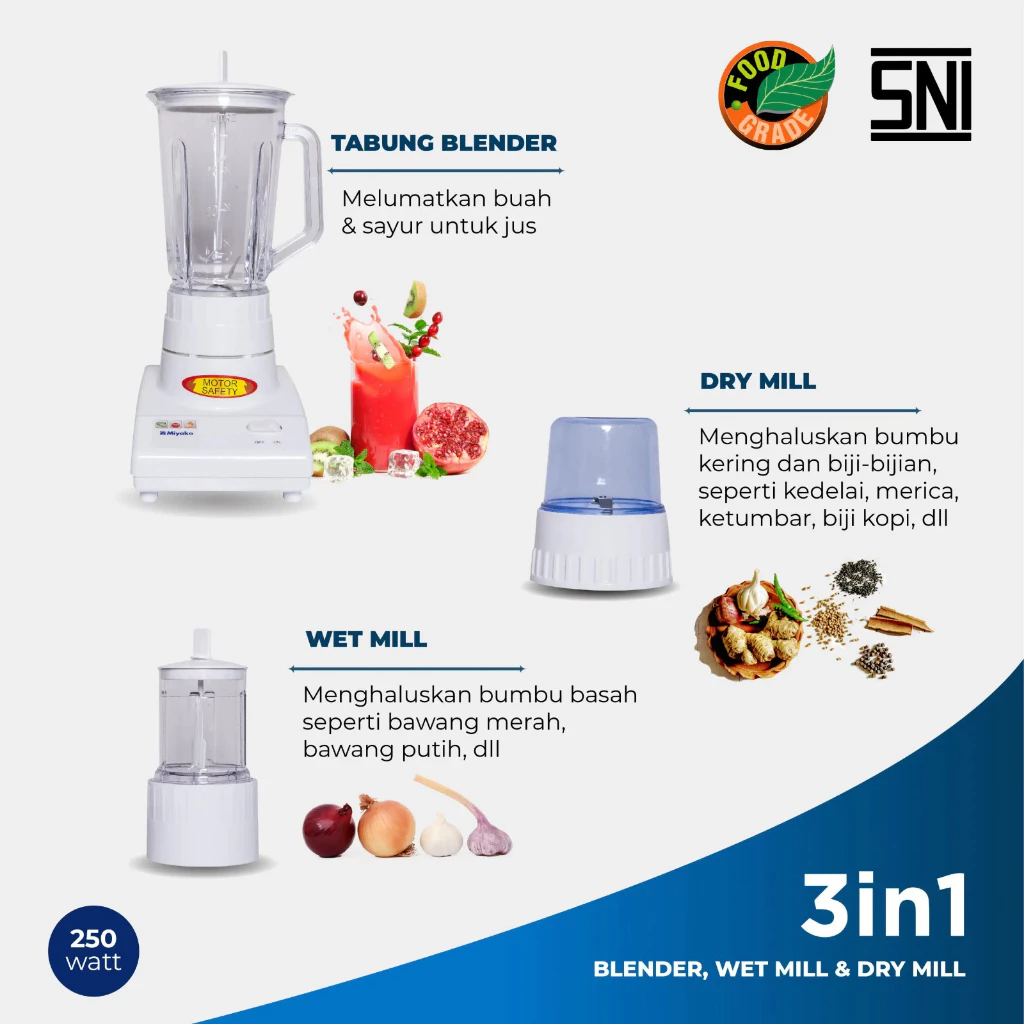 blender miyako bl102pl plastik 3 in 1 dry mill & wetmill putih 1 liter garansi resmi original