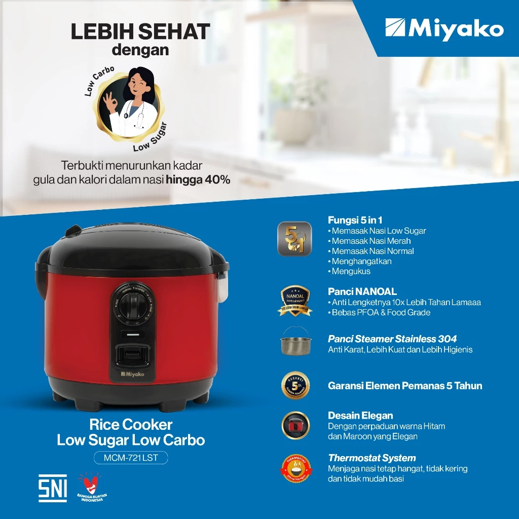 magic com low sugar carbo miyako mcm721lst rice cooker 3 in 1 magic warmer plus 1.8 liter garansi resmi original