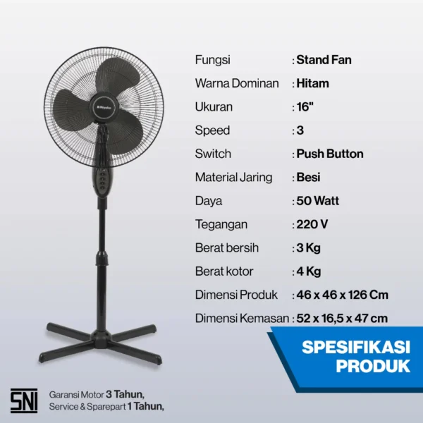 kipas angin miyako kas 1618 b gbbk stand fan 16in kaki silang 50w grill besi black garansi resmi original