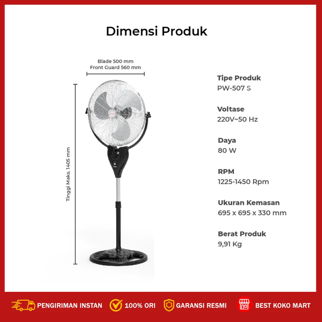 maspion power fan / kipas angin berdiri / stand fan 20 inch pw 507 s original