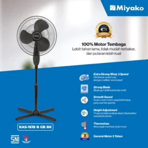 kipas angin miyako kas 1618 b gbbk stand fan 16in kaki silang 50w grill besi black garansi resmi original