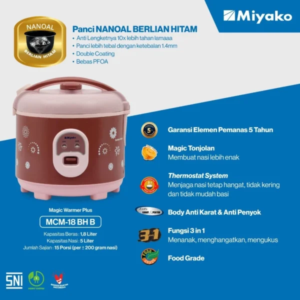 magic com miyako mcm18bhb nanoal berlian hitam rice cooker 1.8 liter 3in1 magic warmer plus garansi resmi original