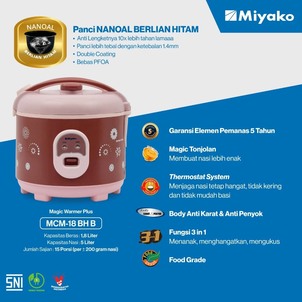 magic com miyako mcm18bhb nanoal berlian hitam rice cooker 1.8 liter 3in1 magic warmer plus garansi resmi original