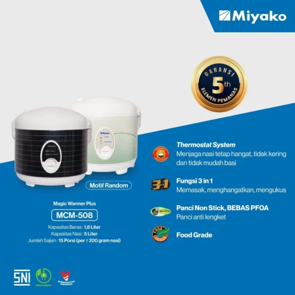 magic com miyako mcm508 rice cooker 3in1 magic warmer plus 1.8 liter garansi resmi original