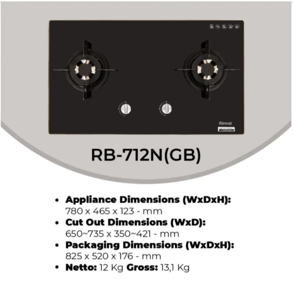rinnai kompor tanam 2 tungku rb 712n garansi resmi original