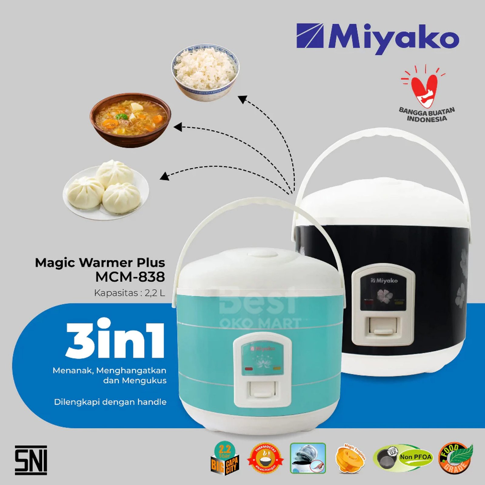 magic com miyako mcm838 rice cooker 3 in 1 penanak penghangat nasi 2.2 liter garansi resmi original