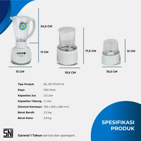 blender miyako bl152pf/apw plastik 1.5l 3in1 300w white garansi resmi original