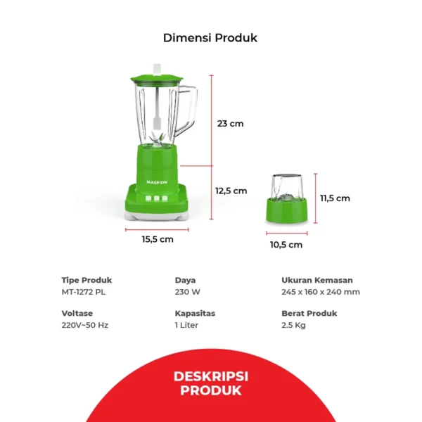 maspion pelumat blender with dry miller 1 liter mt 1272 pl garansi resmi original