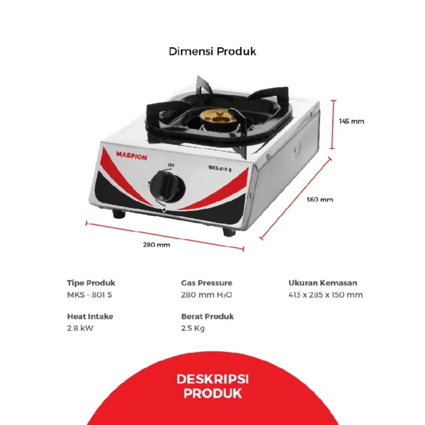 maspion kompor gas 1 tungku stainless steel mks 810 s garansi resmi original