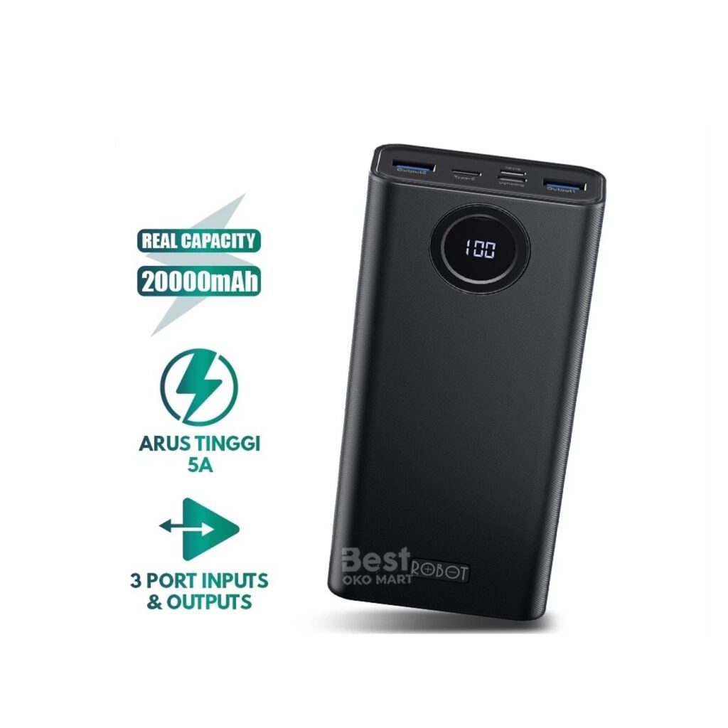 robot power bank 20000mah rt23 quick charging 3 port input & output digital display grnsi resmi