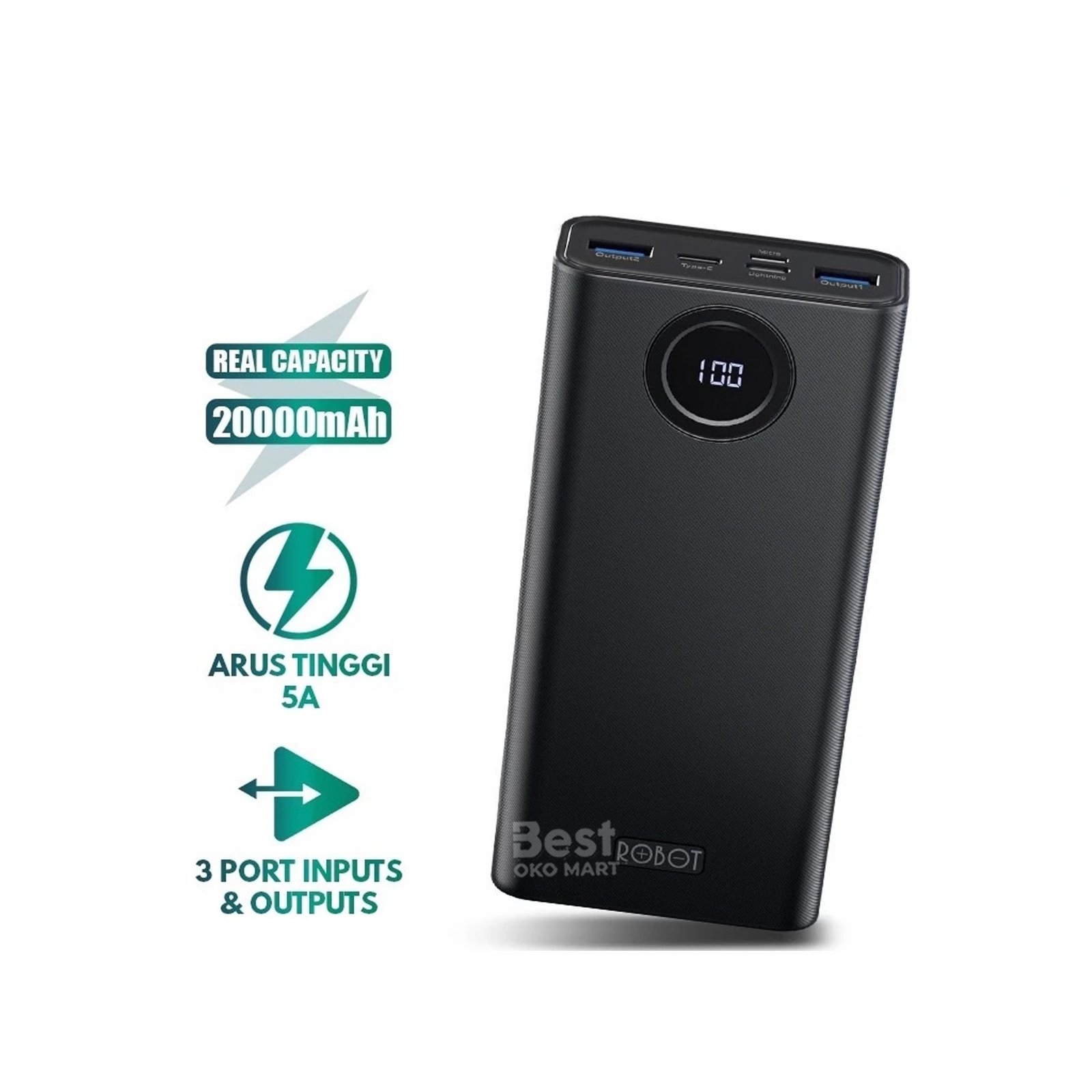 robot power bank 20000mah rt23 quick charging 3 port input & output digital display grnsi resmi