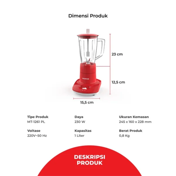 maspion pelumat blender plastik 1 liter mt 1261 pl garansi resmi original