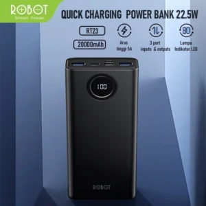 robot power bank 20000mah rt23 quick charging 3 port input & output digital display grnsi resmi